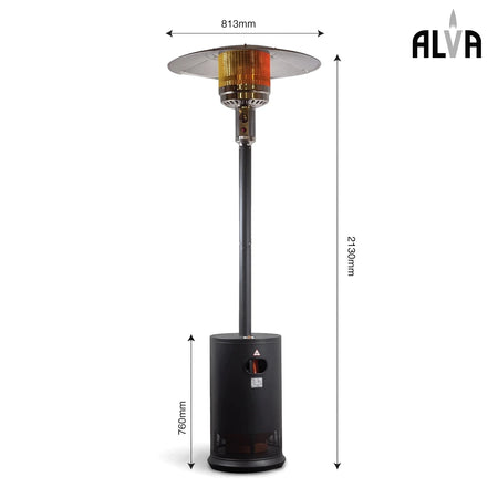 Alva Flat Top Cabinet Traditional Gas Patio Heater in black, a freestanding outdoor heater with a tall design and wide heat