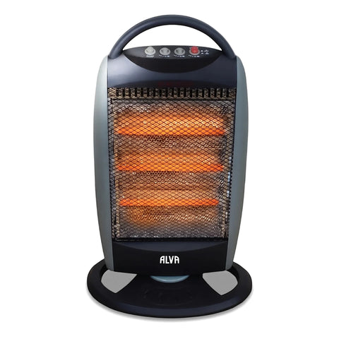 Alva Freestanding Quartz Heater in dark grey and black with a protective metal grille and glowing orange heating elements.