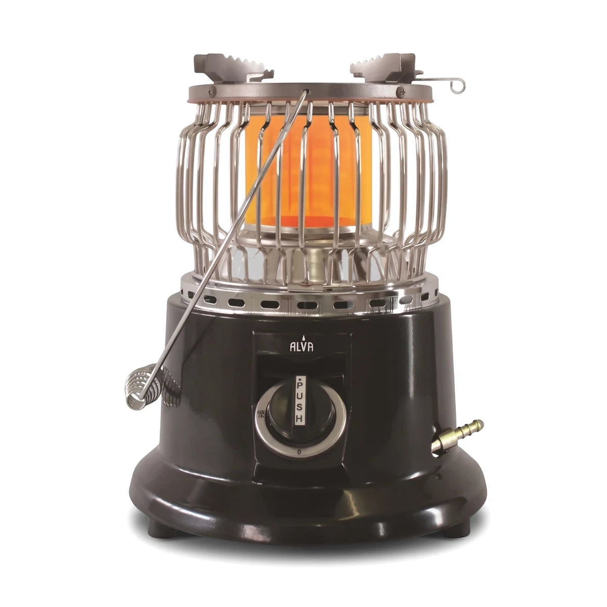 Black and chrome Alva Gas Stove Heater Combo, featuring an orange glowing element and a front control knob.