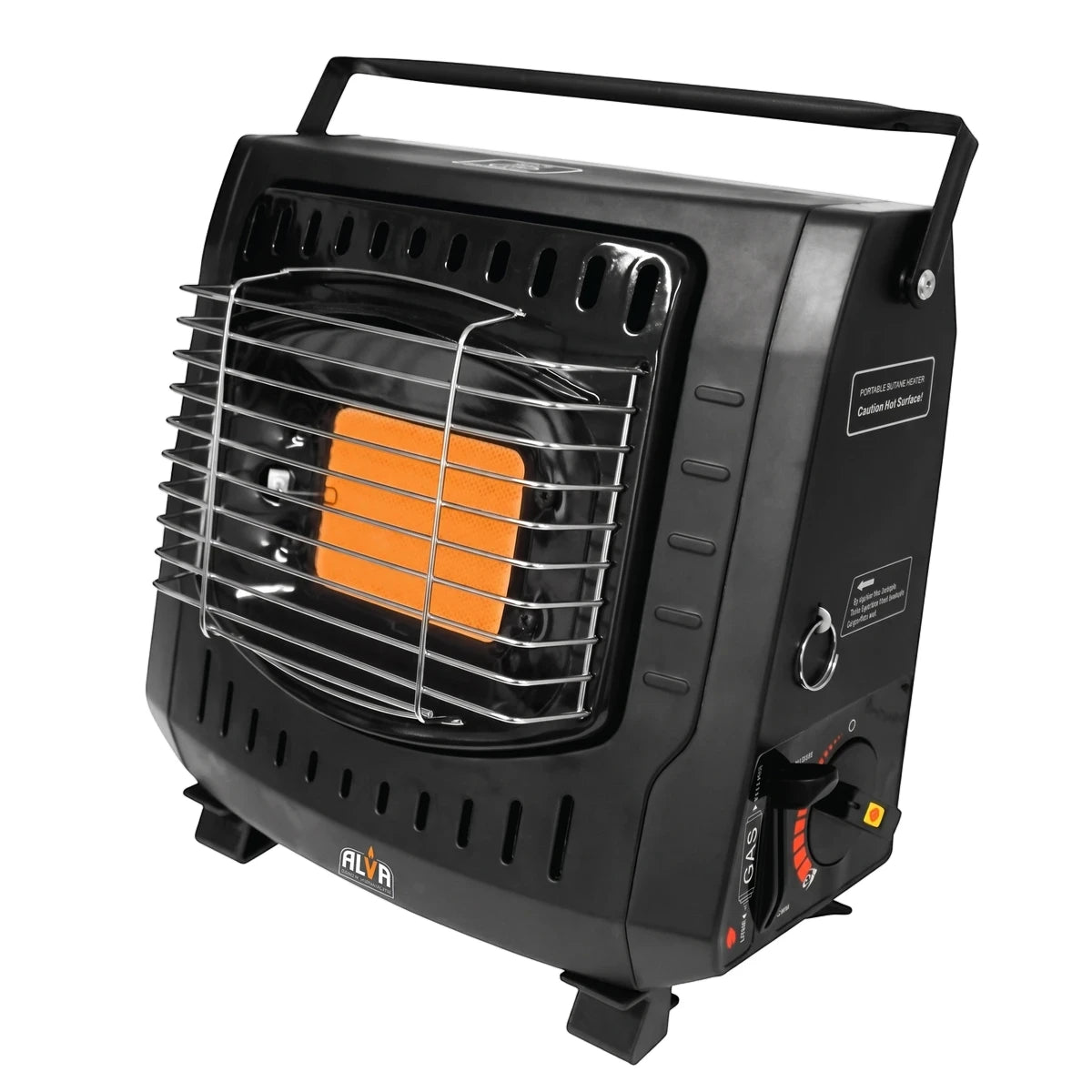 Alva Outdoor Free-Standing Butane Heater, black portable model with a chrome grill and control knobs.