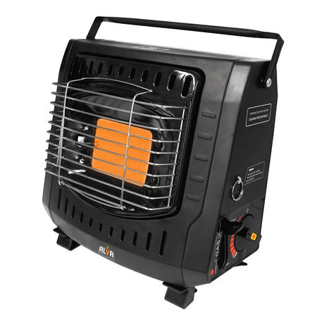 Alva Outdoor Free-Standing Butane Heater, black portable model with a chrome grill and control knobs.