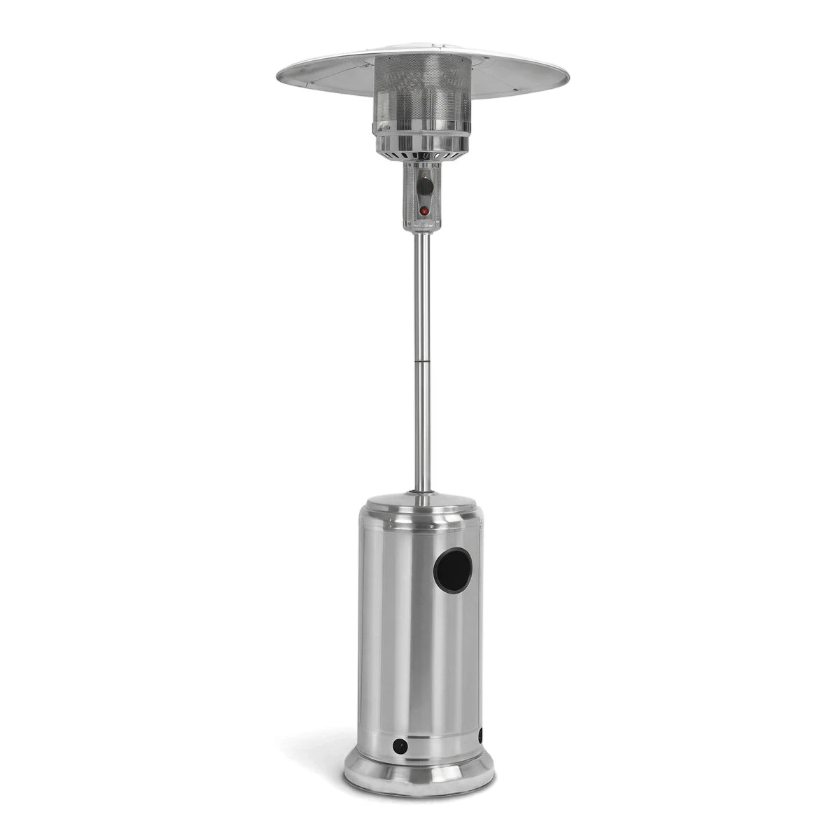Alva stainless steel patio gas heater with a split pole design, freestanding outdoor heater with a round base and reflective
