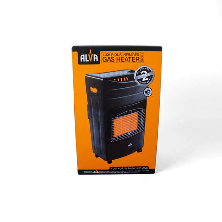 Alva Premium Rollabout Gas Heater GH312 in its black and orange packaging, featuring a 2-year warranty badge.