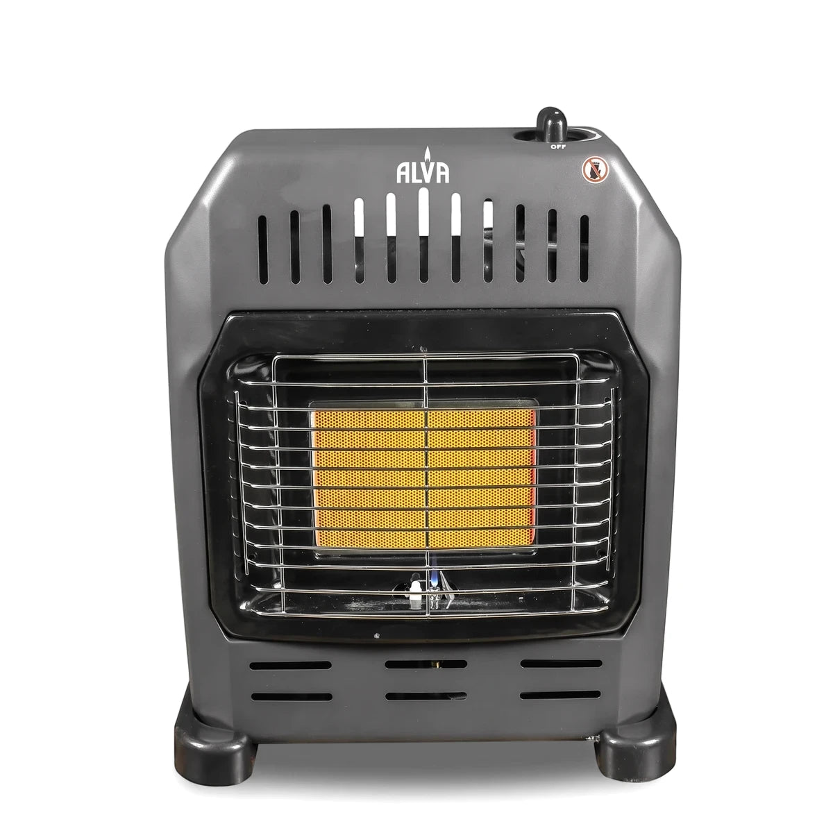 Alva Single Panel Gas Heater in black and dark gray, shown from the front with its glowing heating element and metal grill.