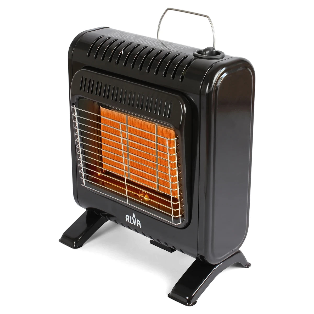Black Alva small 3-panel gas heater with an orange heating element and metal grate, shown from a front-angled view.