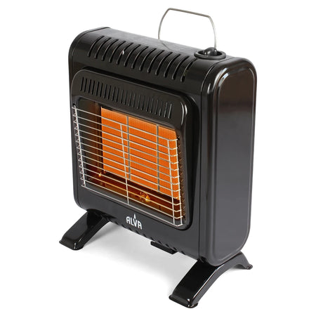 Black Alva small 3-panel gas heater with an orange heating element and metal grate, shown from a front-angled view.