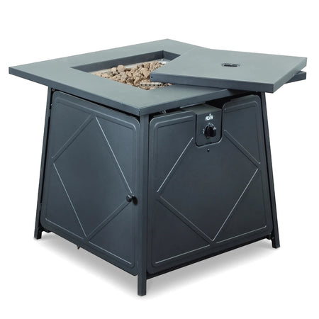 Alva square gas fire table in charcoal gray with lava stones and an open lid, featuring a control panel and