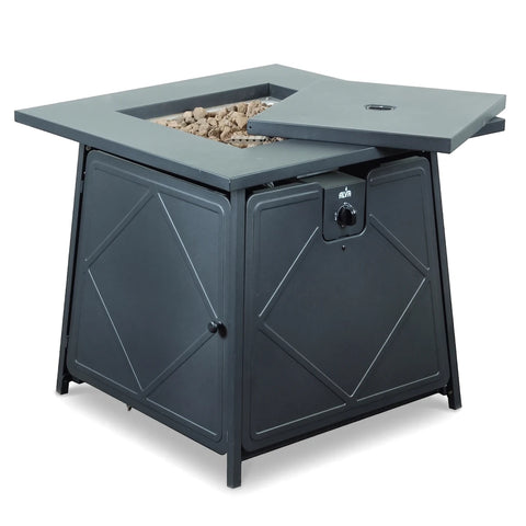 Alva square gas fire table in charcoal gray with lava stones and an open lid, featuring a control panel and