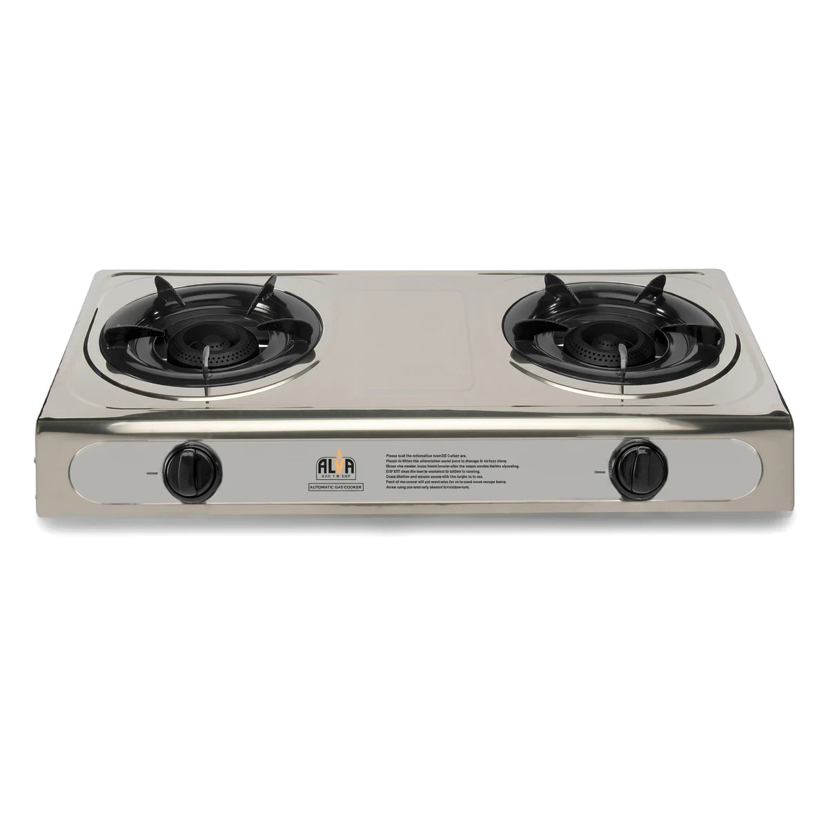 Alva stainless steel two-burner gas stove with black grates and control knobs, viewed from a slightly elevated front angle.