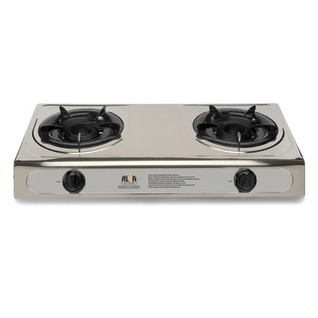 Alva stainless steel two-burner gas stove with black grates and control knobs, viewed from a slightly elevated front angle.