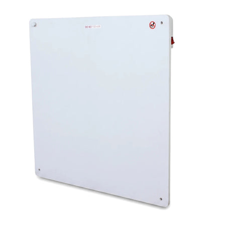 White rectangular Alva Electric Wall Panel Heater, designed for wall mounting, featuring red 'DO NOT COVER' safety warnings