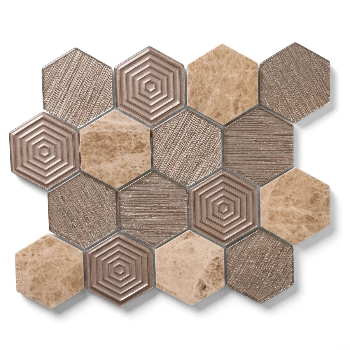 Amber large hexagon mosaic tile featuring varied textures, including brushed metallic and natural marble patterns in gold