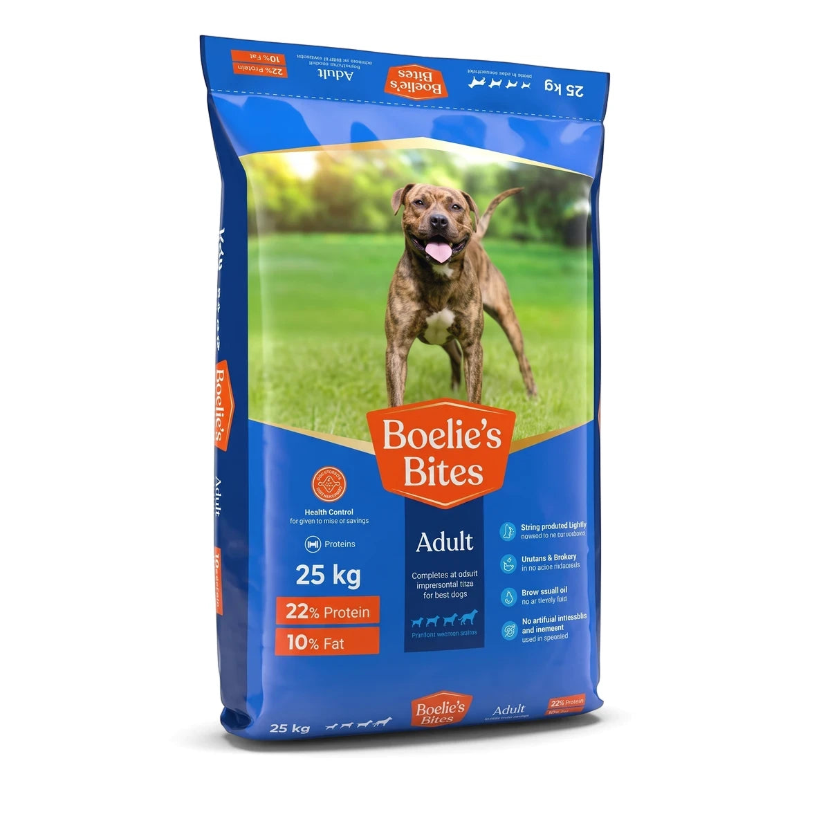 Blue 25 kg Amigo Boelies Adult Bites dog food bag, featuring a brindle dog on the label and indicating adult formula.