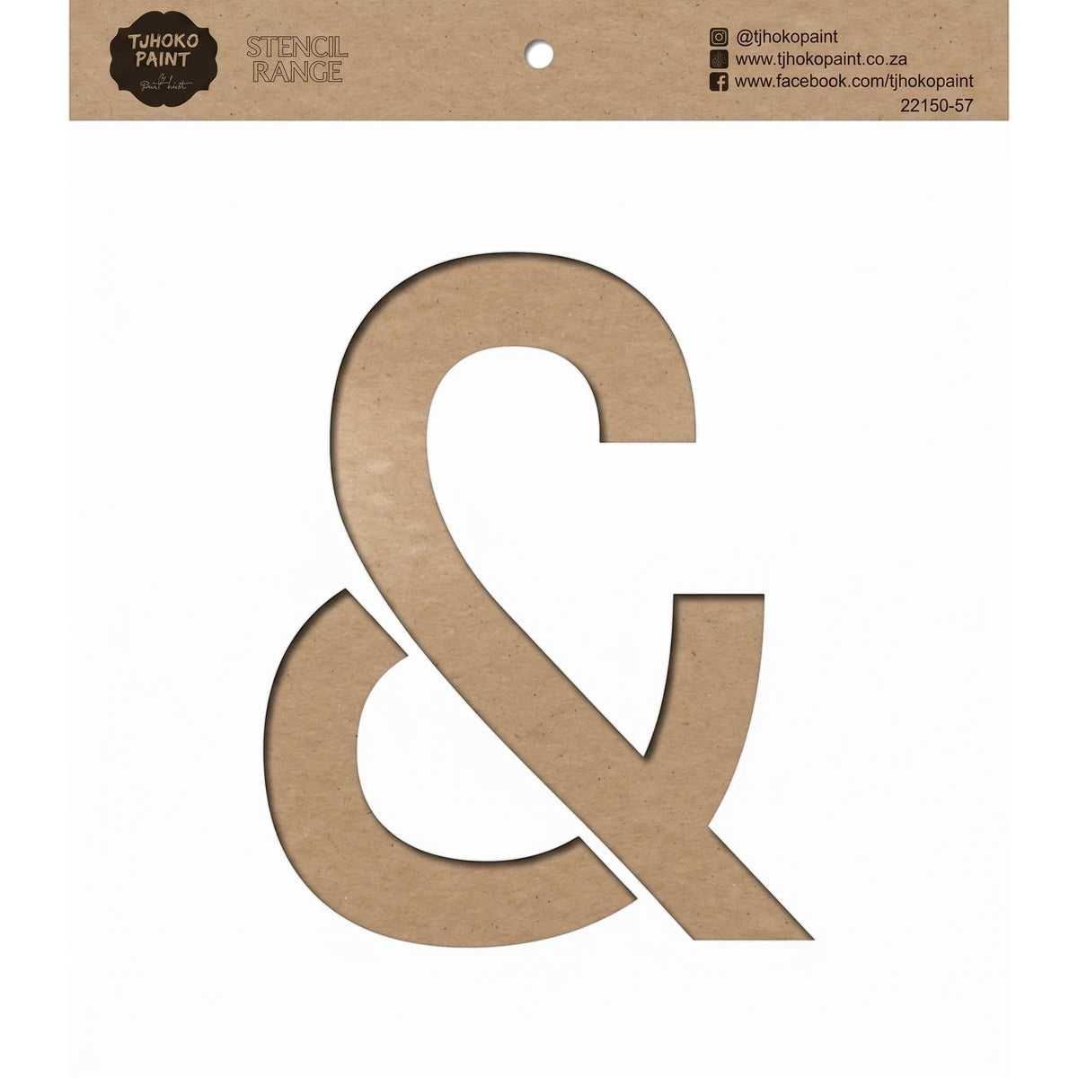 Brown cardboard ampersand (&) paint stencil by Tjhoko Paint, shown on its product packaging.