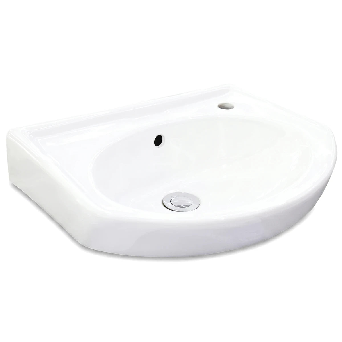 Anchor Small 1-Tap Hole Basin, a white ceramic wall-mounted sink with a chrome drain plug and overflow hole.