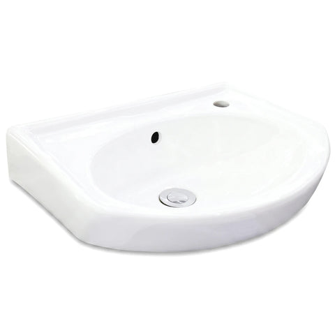 Anchor Small 1-Tap Hole Basin, a white ceramic wall-mounted sink with a chrome drain plug and overflow hole.