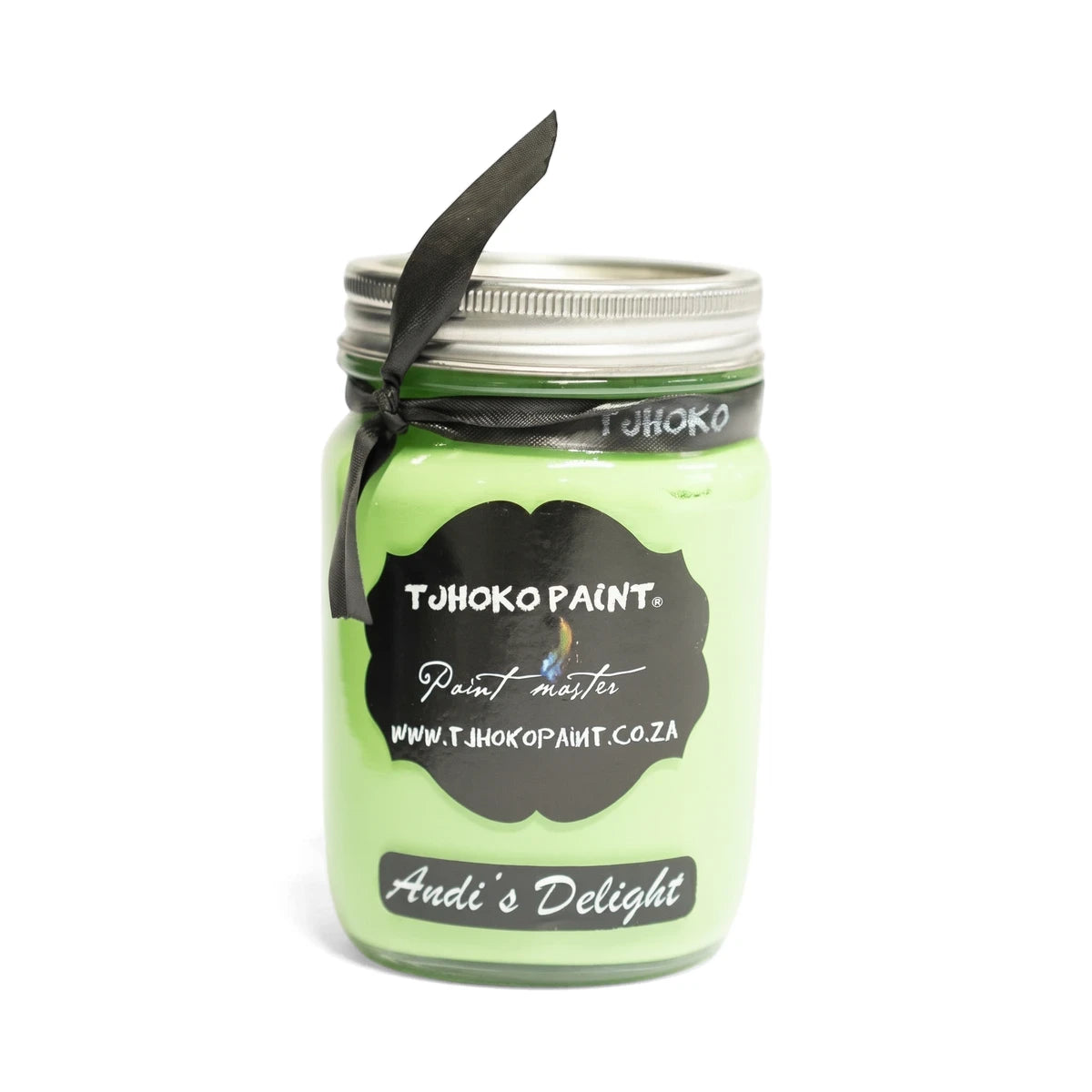 Andi's Delight 250ml Chalk Paint in a glass jar, vibrant green with a black label, presented on a white background.