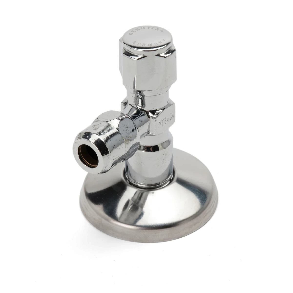 Polished chrome angle valve, 1/2 inch by 3/8 inch, for plumbing installations, shown from a slightly elevated front view.