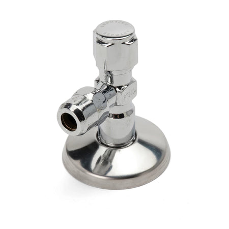 Polished chrome angle valve, 1/2 inch by 3/8 inch, for plumbing installations, shown from a slightly elevated front view.
