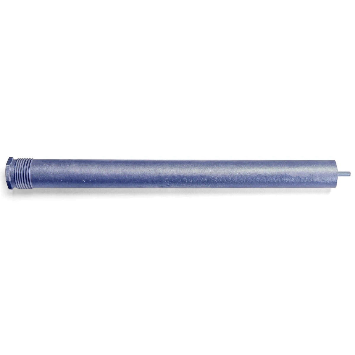A horizontal cylindrical 100Lt anode in a metallic bluish-grey finish, with threading on one end and a thin rod on the