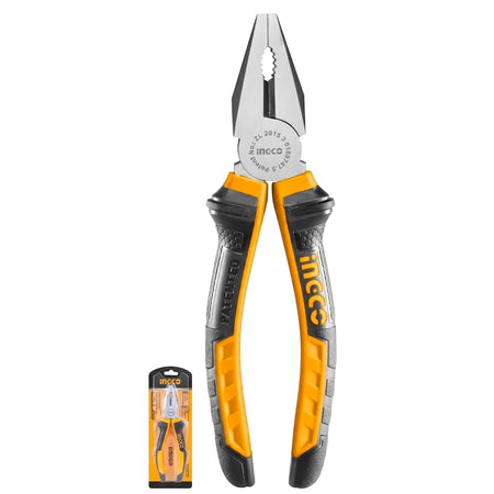 Anti-rust combination pliers, 180mm, with yellow and black handles, metal jaws, displayed alongside a smaller packaged