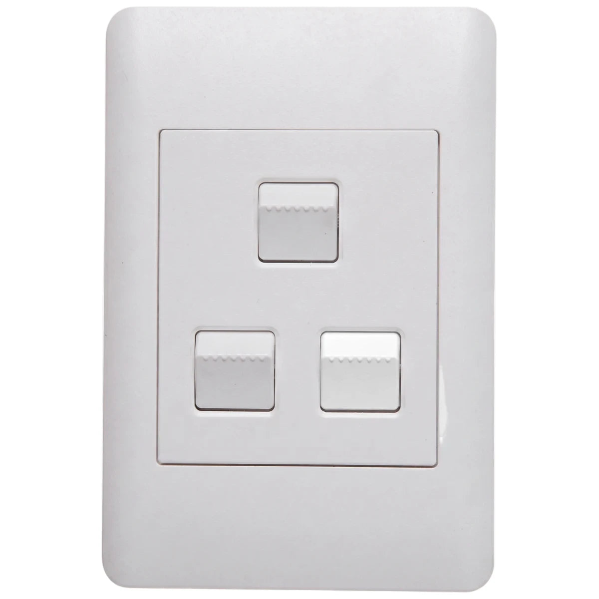 White Contempo Apollo electrical light switch, 100x50mm, featuring three one-way levers for precise control.