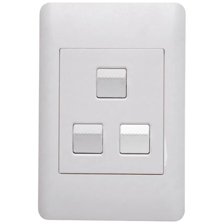 White Contempo Apollo electrical light switch, 100x50mm, featuring three one-way levers for precise control.