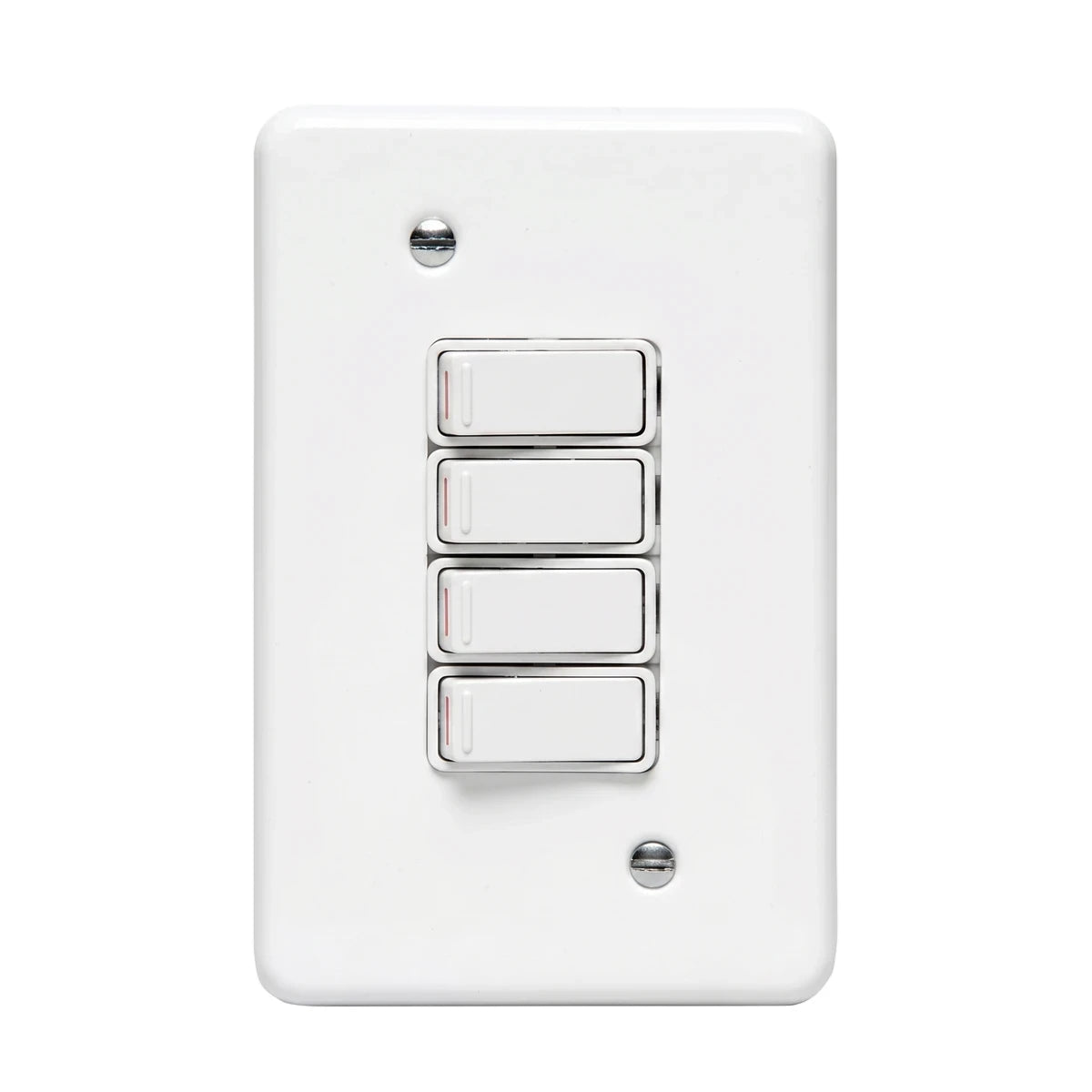 Apollo 100X50mm 4-lever 1W Contempo white light switch on a white background, featuring four rectangular rocker switches