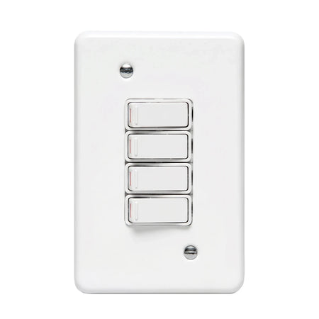 Apollo 100X50mm 4-lever 1W Contempo white light switch on a white background, featuring four rectangular rocker switches