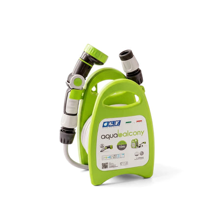 A lime green Aqua-Balcony compact hose reel with 10M white hose and fittings, designed for easy watering.