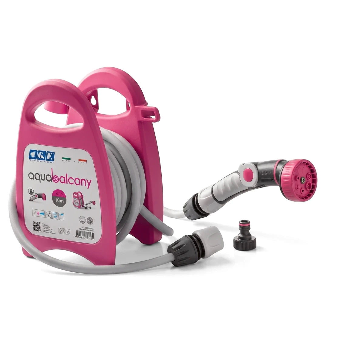 Pink Aqua-Balcony 10m garden hose reel with spray nozzle and connectors, displayed from a slight angle.