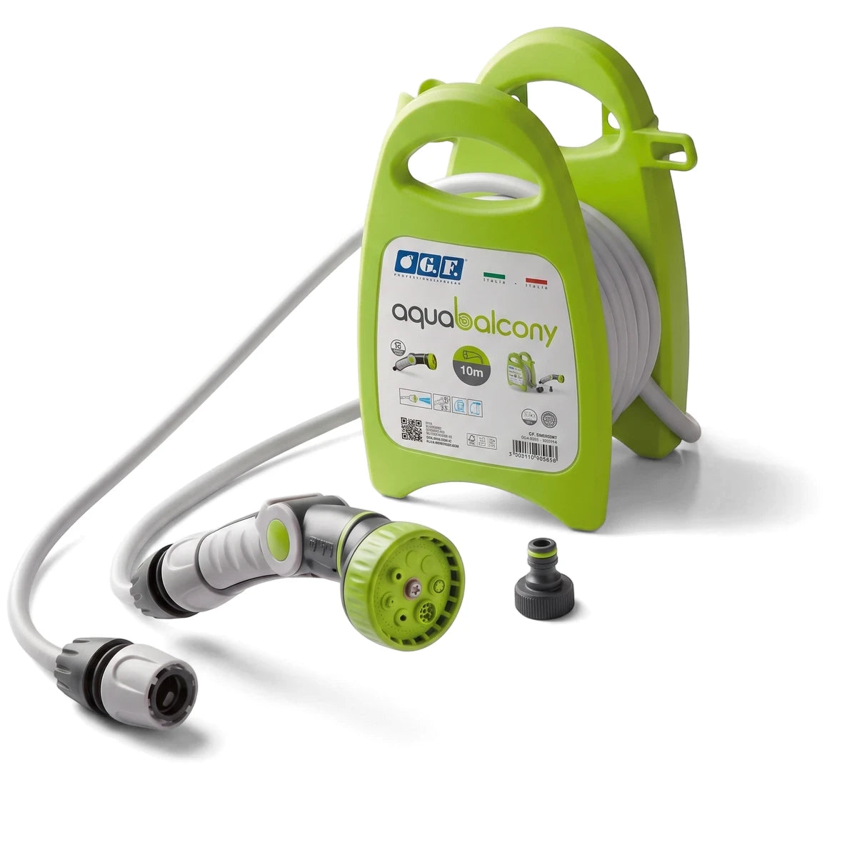 Lime green Aqua-Balcony hose reel with a 10m white hose, multi-setting nozzle, and connection fittings for balcony watering.