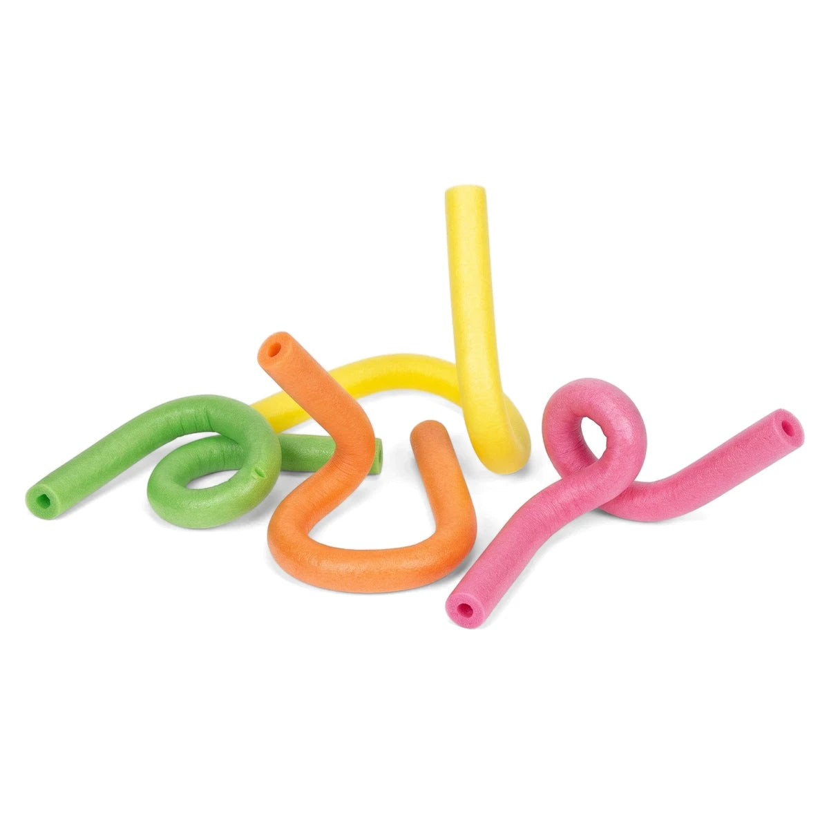 Aqua Bones flexible pool noodles in yellow, green, orange, and pink, arranged in a playful manner.