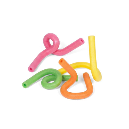 Tangled pile of Aqua Bones flexible pool noodles in assorted colors including pink, green, orange, and yellow.
