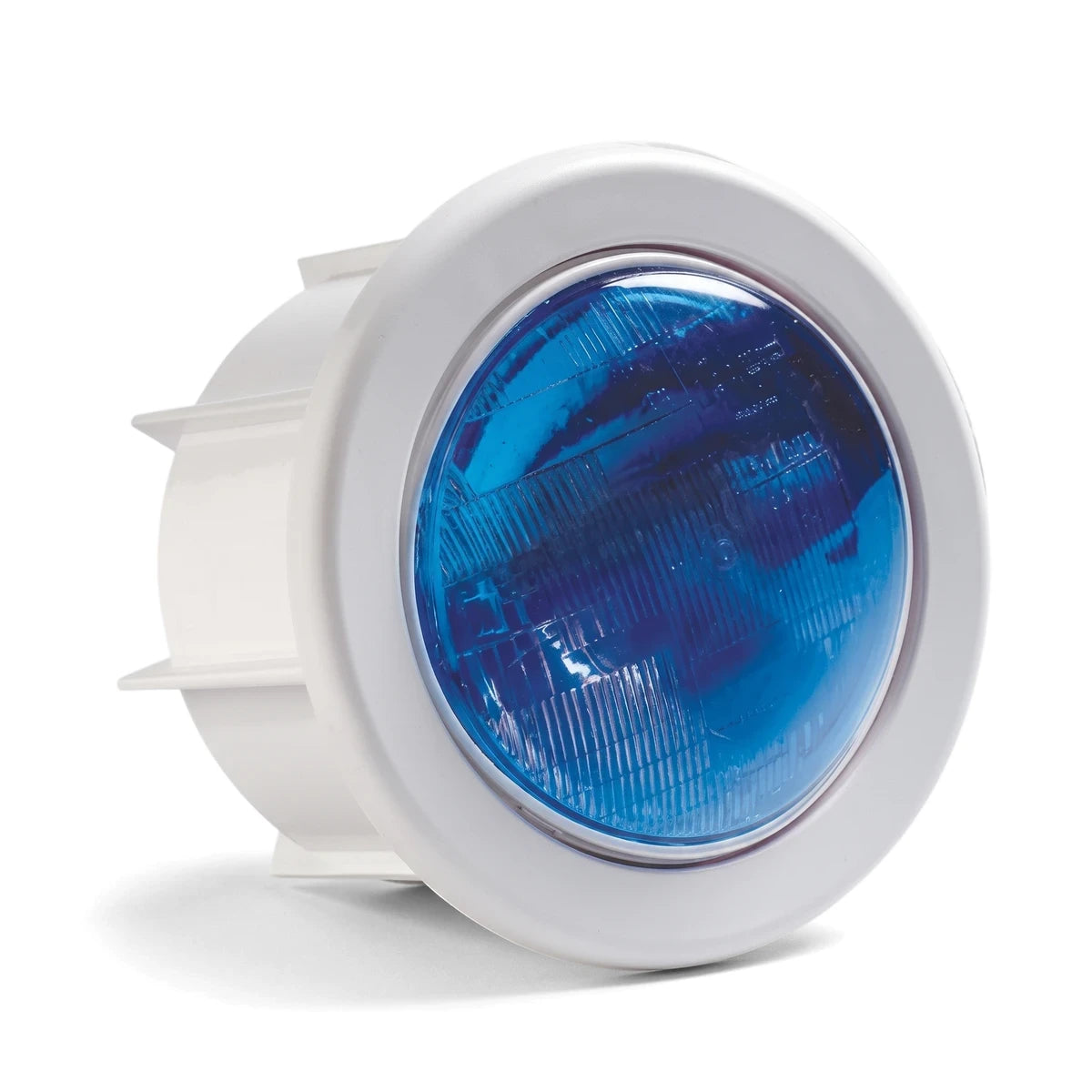 A white Aqua Gunite pool light with a circular blue lens and a cylindrical body, shown from an angled perspective.