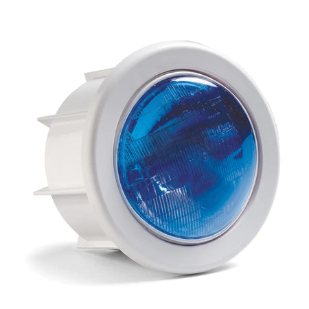 A white Aqua Gunite pool light with a circular blue lens and a cylindrical body, shown from an angled perspective.