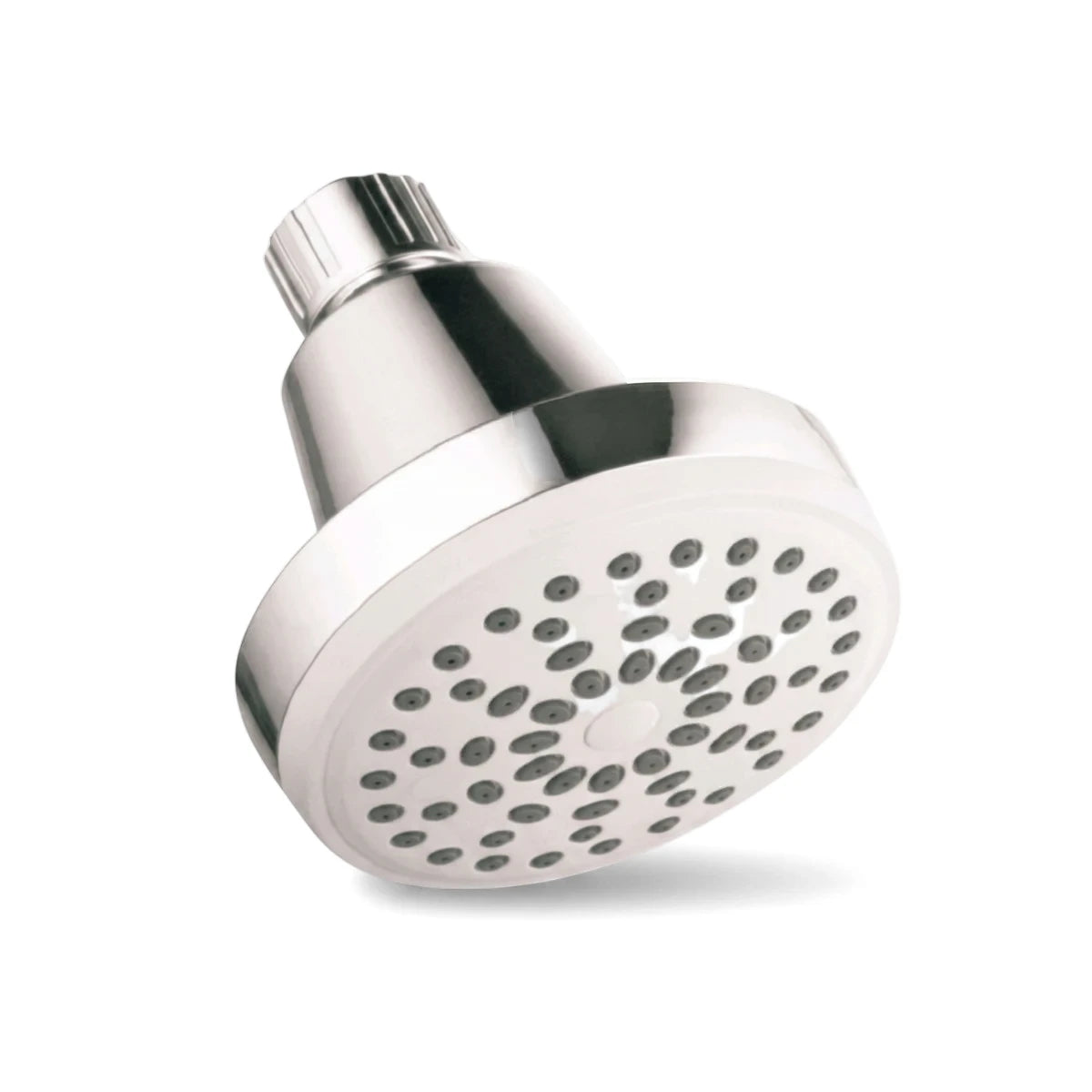 Angled view of an Aqua Shower Head featuring a chrome body and a white spray face with multiple gray nozzles.