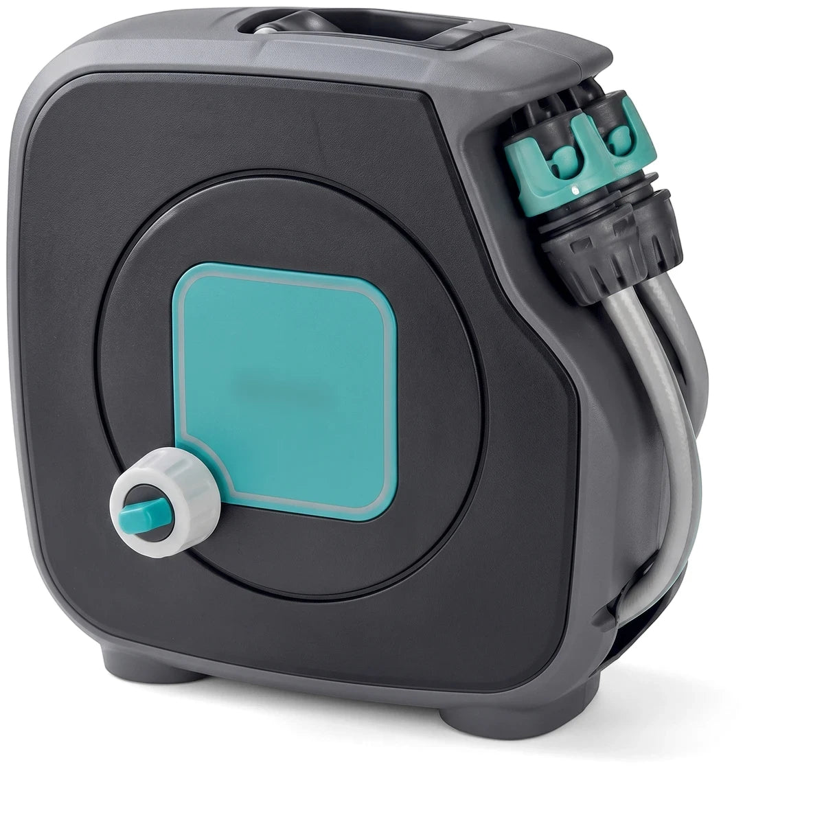 Aquabag Style Hose Box with Fittings, 11.5M, in a dark gray and turquoise compact design for garden use.