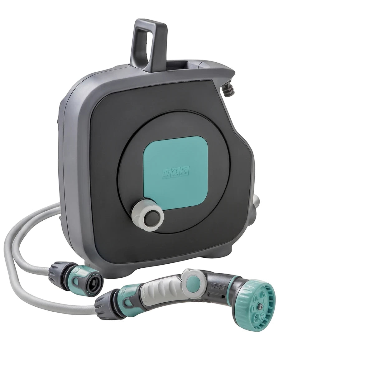 A dark grey and turquoise Aquabag style hose box with a 11.5M hose and multi-spray nozzle, viewed from the front.