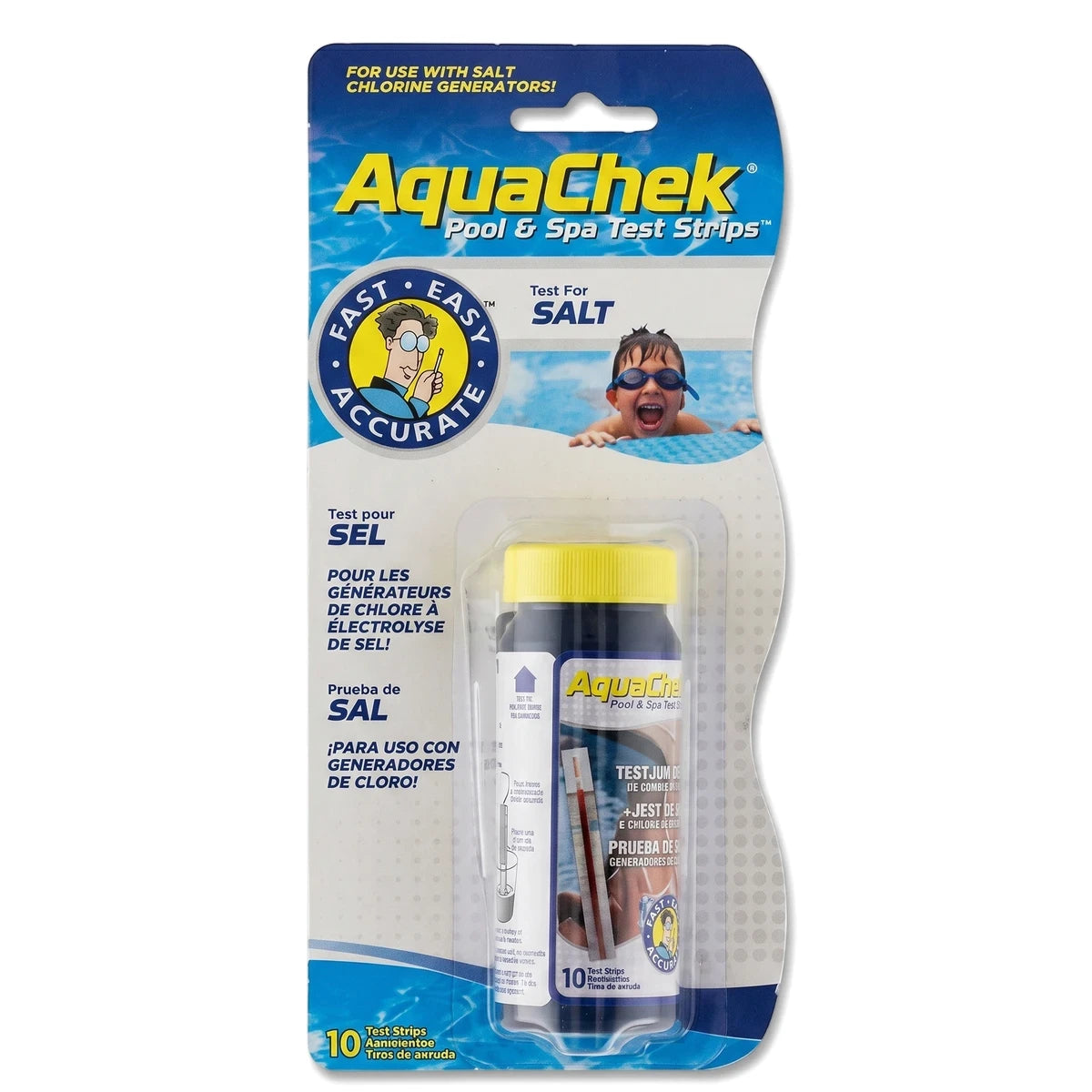 AquaChek Salt Water Test Strips 10 Count for pool and spa in clear blister packaging, showing branding and usage details.