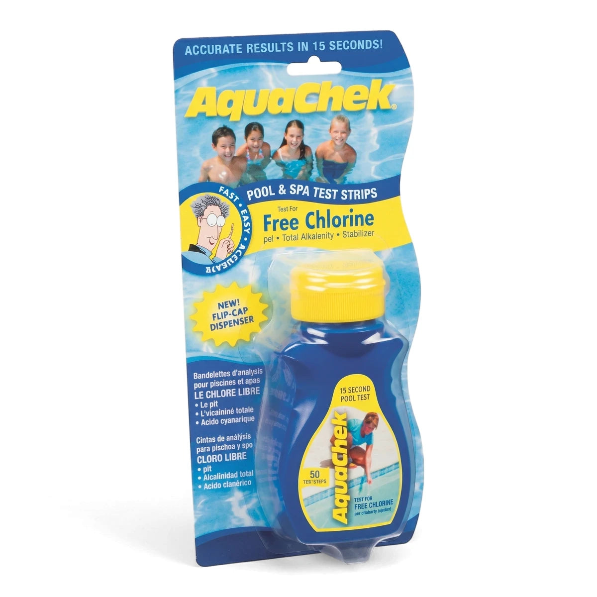 Aquachek Yellow Pool Test Strips, 50 count, in a blue bottle with a yellow flip-cap and clear retail packaging.