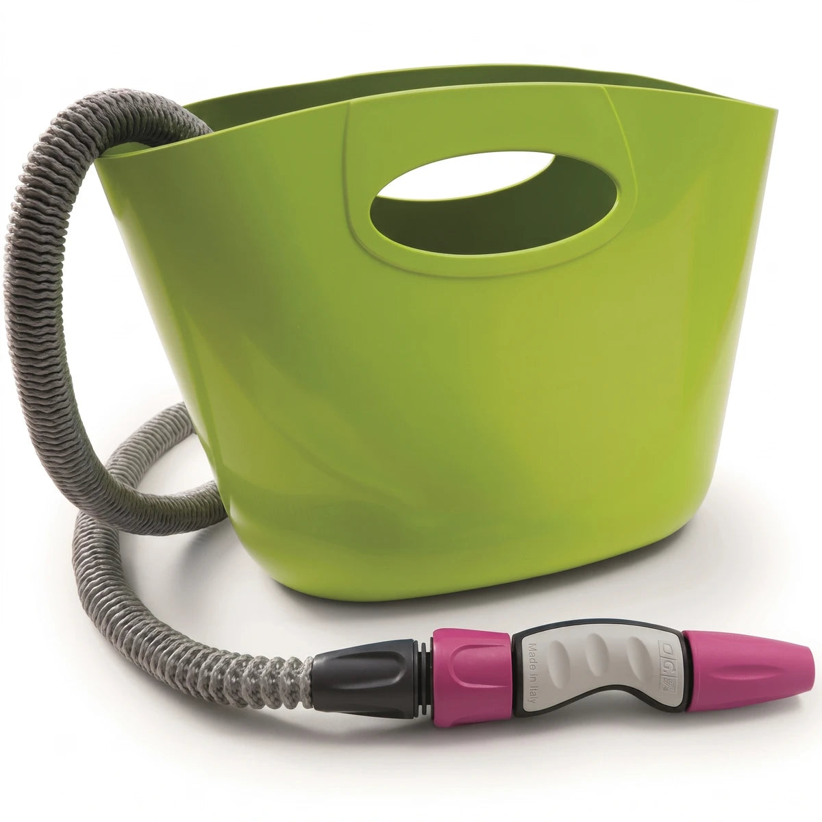 Lime green Aquapop 15M expandable garden hose coiled inside a matching lime green bucket with a pink and gray nozzle.