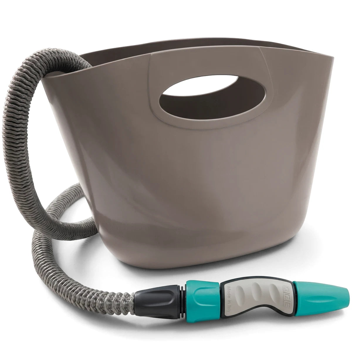 Aquapop 15M grey expandable garden hose with teal and grey nozzle, coiled around a matching grey plastic bucket.