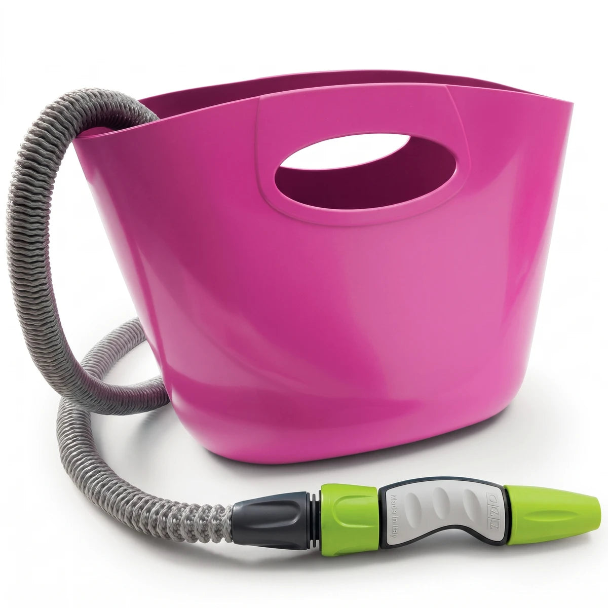 Pink Aquapop expandable garden hose with a matching storage bucket, featuring a green and white nozzle connector.