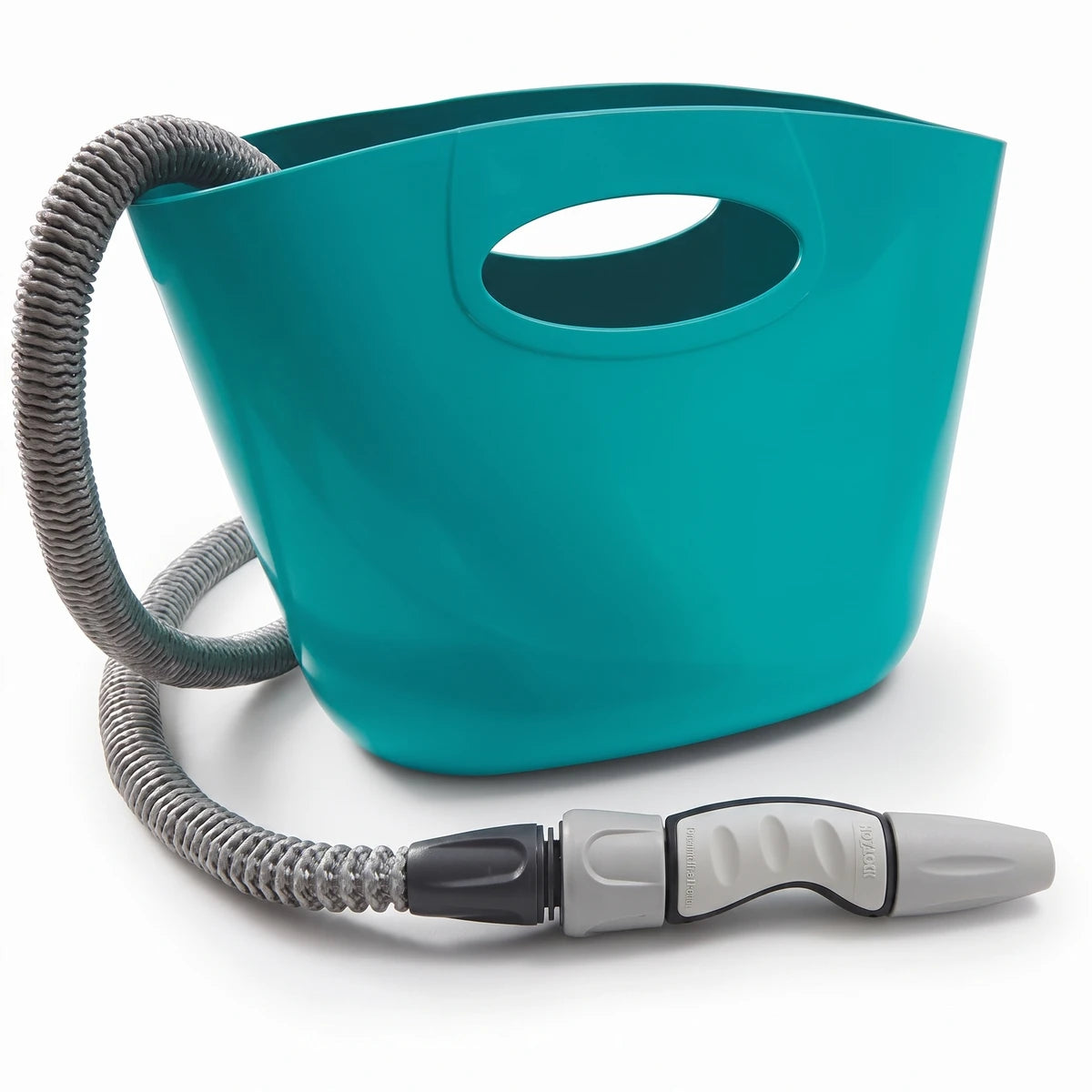 Turquoise Aquapop expandable garden hose with a flexible gray hose and nozzle, neatly coiled within its matching bucket.