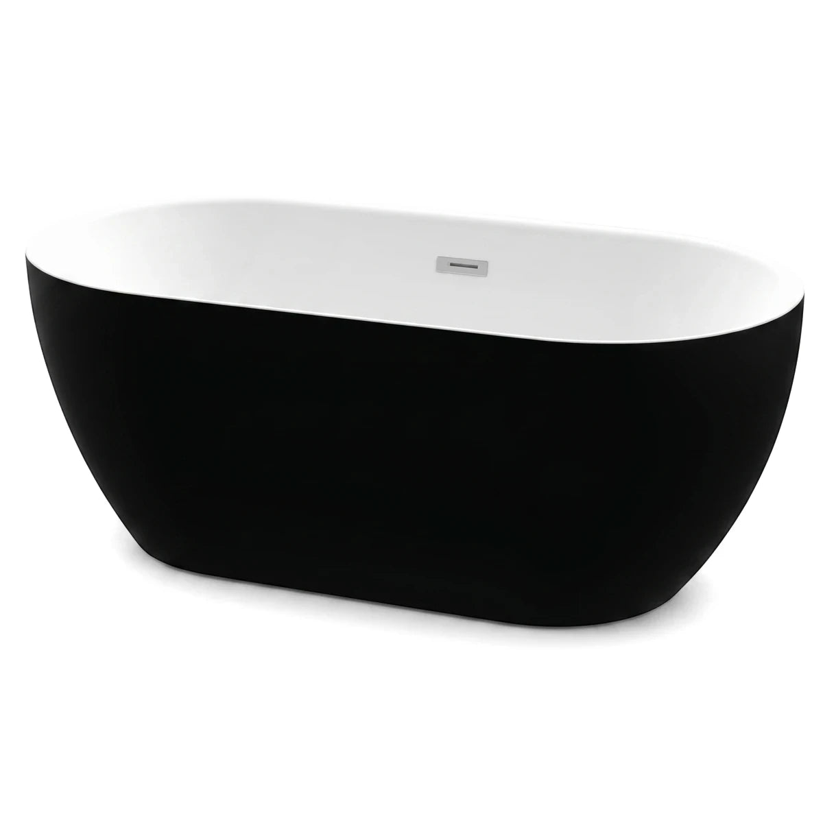 Aquarius black freestanding bath with a modern oval design and contrasting white interior, viewed from an angle.