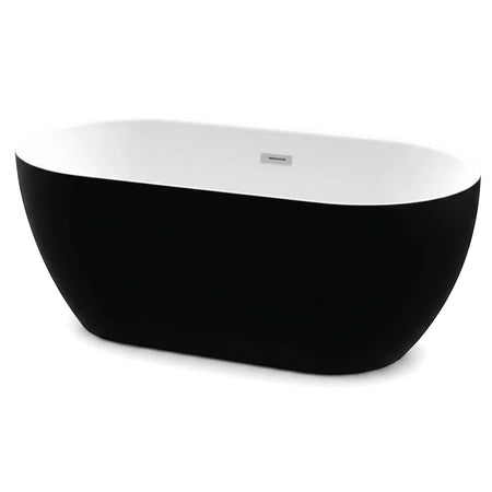 Aquarius black freestanding bath with a modern oval design and contrasting white interior, viewed from an angle.