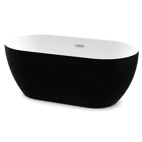 Aquarius black freestanding bath with a modern oval design and contrasting white interior, viewed from an angle.