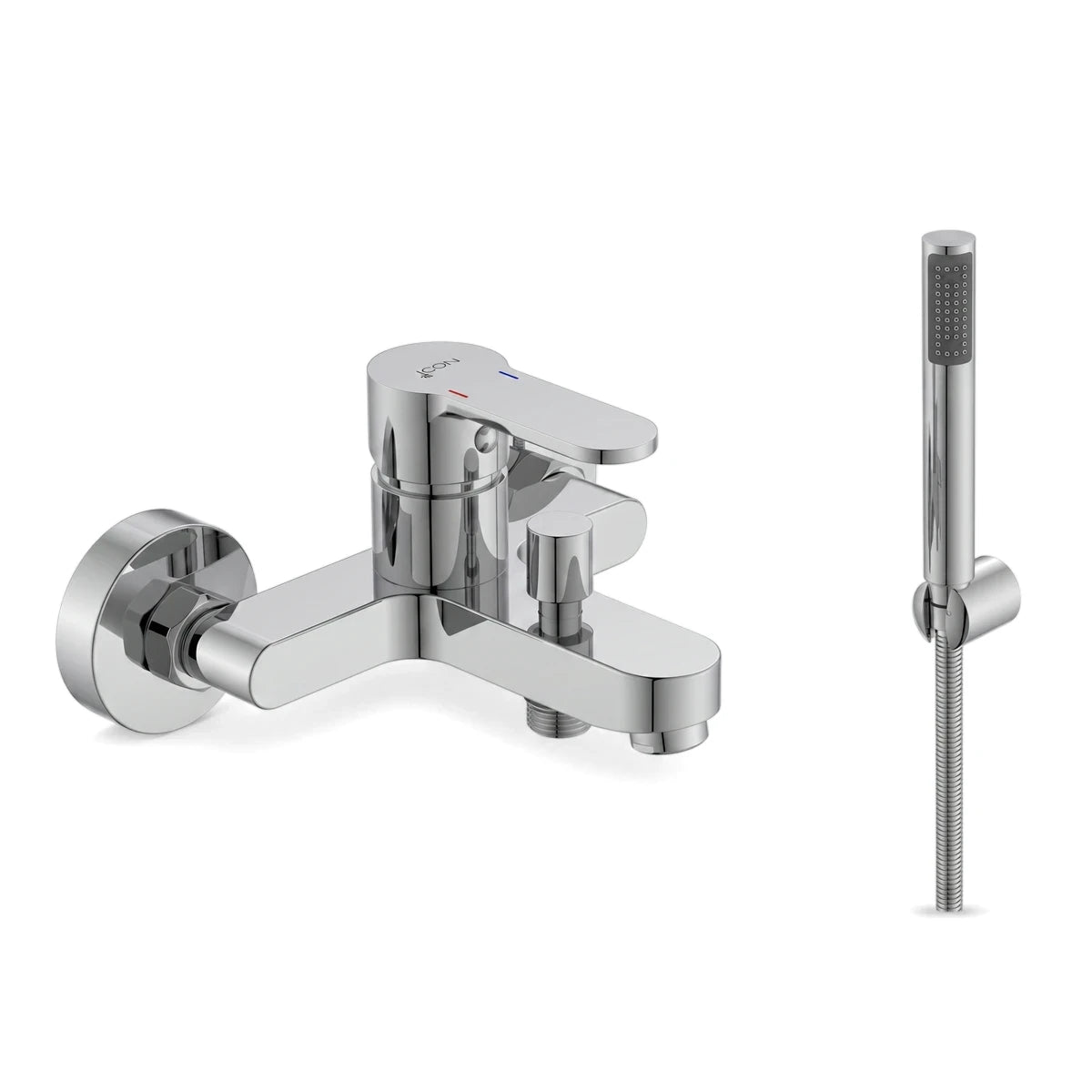 A wall-mounted chrome Aquarius II bath mixer with a single lever handle and a matching hand shower on a flexible hose.