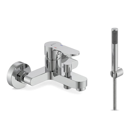 A wall-mounted chrome Aquarius II bath mixer with a single lever handle and a matching hand shower on a flexible hose.